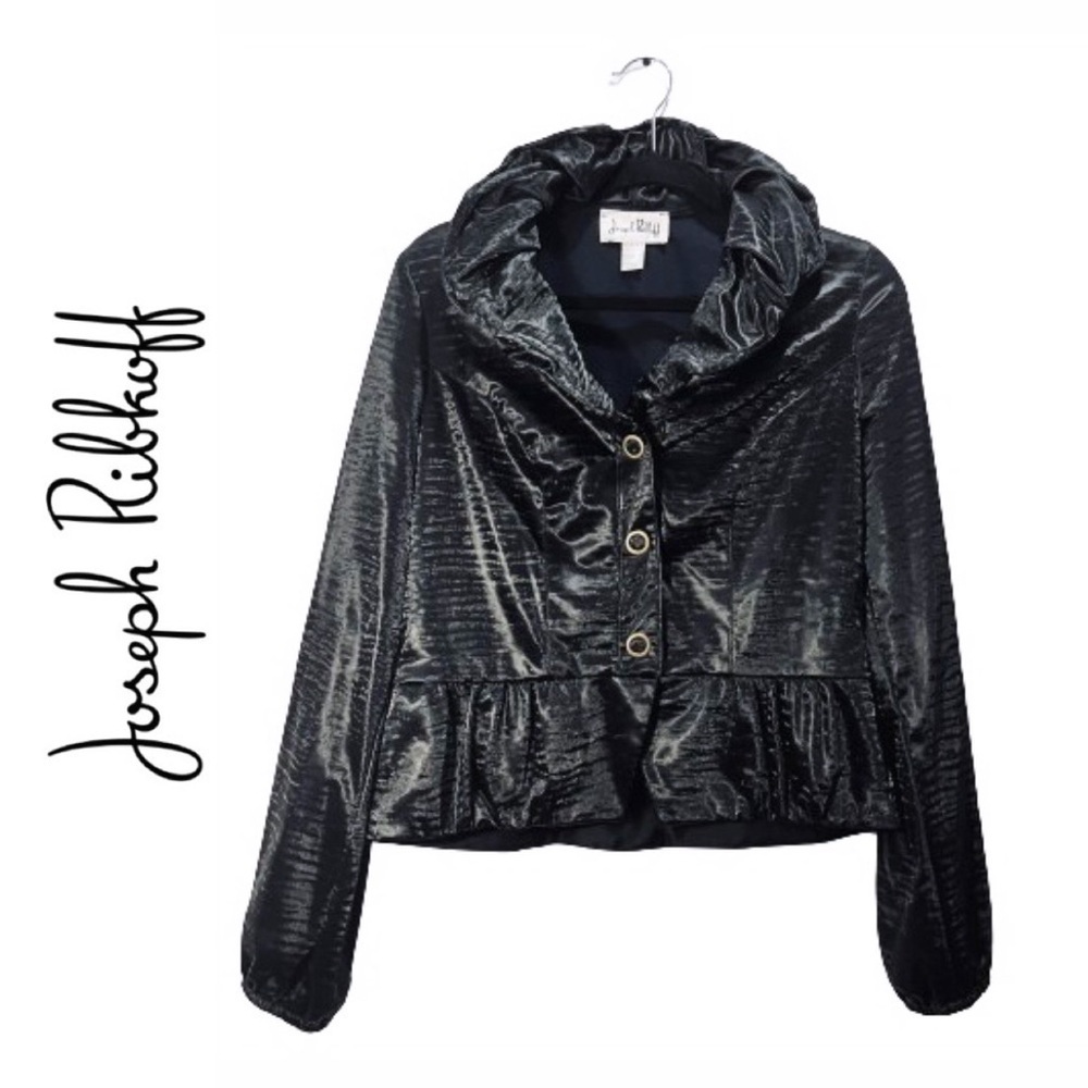 Joseph Ribkoff Vintage Black Snap Front Peplum Moto Metallic Jacket Blazer sz 6 - Picture 2 of 15
